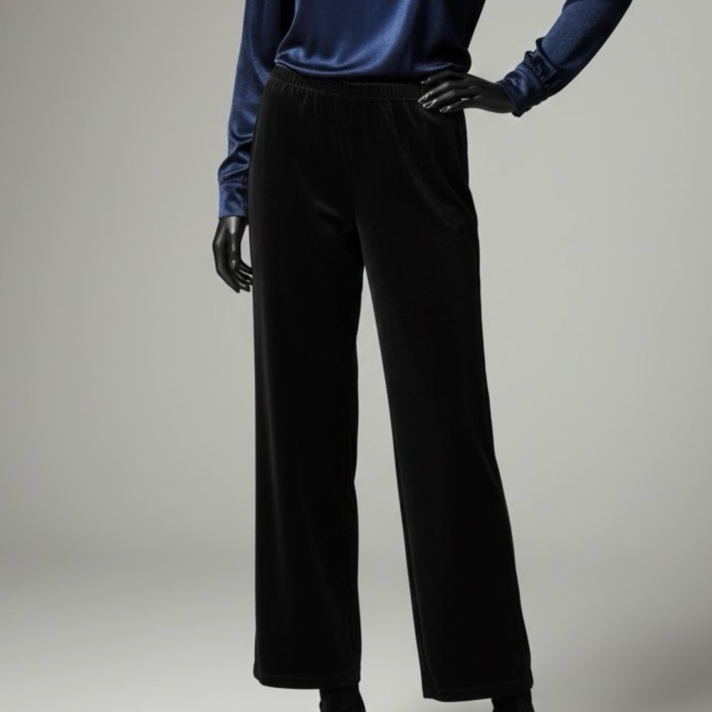 Vanity Fair Black Velvet Wide Leg Pull-On Elastic Waist Palazzo Pants Leggings